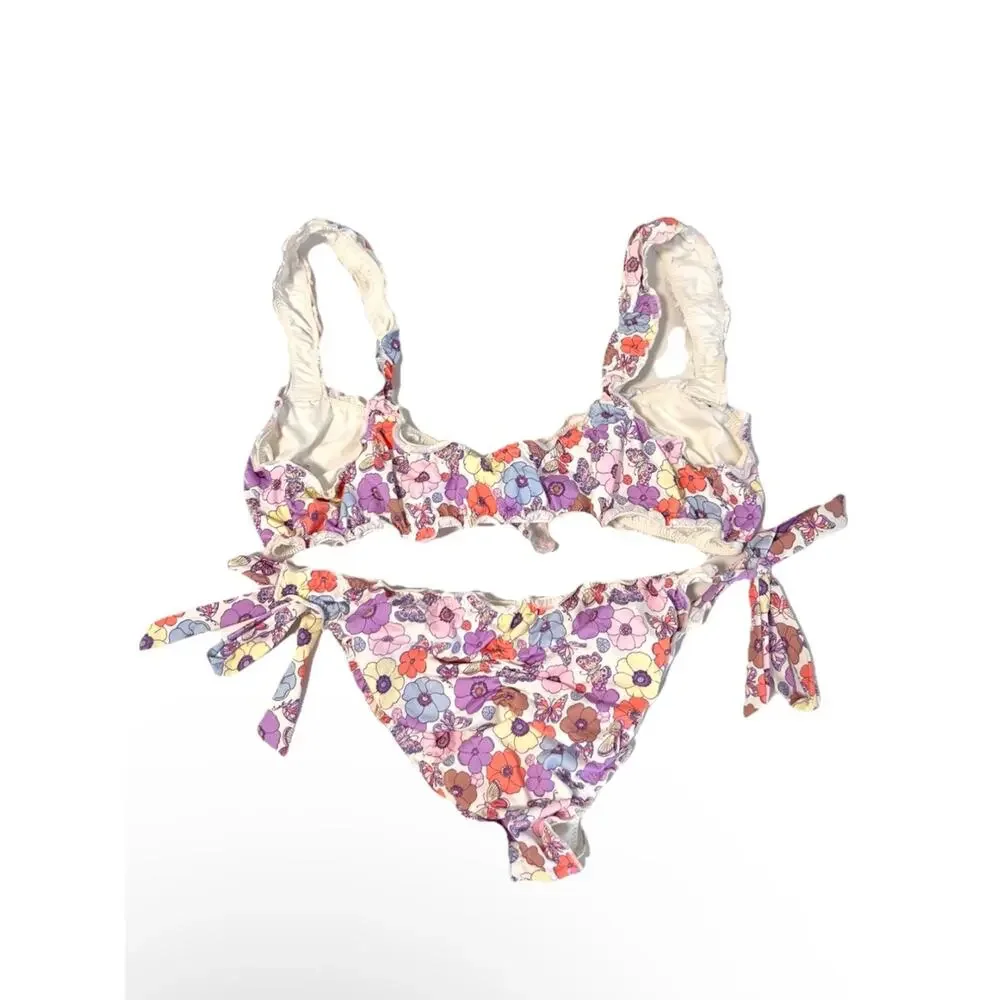 Frankies Bikini Colby SET Mariposa Floral Bikini Ruched Tie Sz M/L